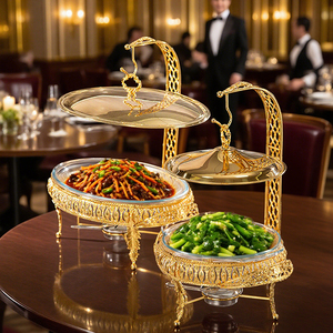 Lujo de alta calidad de vidrio de acero inoxidable Catering Golden Buffet ChafingDish Restaurante Fiesta Calentador de alimentos Platos de frotamiento colgantes - Product Image 1