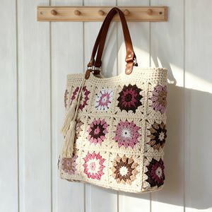 Crochet Rope Braided Tassel Square Sunflower Pattern <strong>Red</strong> <strong>Handbag</strong> with Polyester Lining Woven Design - Product Image 1