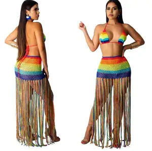 Nuevo STOCK de arco iris vestido de Crochet triángulo Top flecos largo falda de playa bañador de baño cubierta Ups
