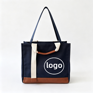 Sac fourre-tout en toile personnalisé, grand format, bleu marine avec logo blanc et finition marron, poignée épaule, sac de shopping pour usage quotidien, OEM/ODM - Product Image 1