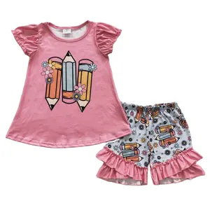 回到学校粉色铅笔女孩t恤短裤批发RTS男孩夏季服装套装设计师服装儿童套装婴儿服装