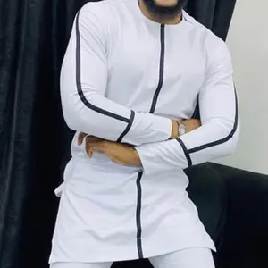 2022Autumn new arrival youth men top Muslim fashion printed cotton slim fit shirt plus size ramadan robe casual islamic clothing