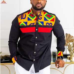 Chemises à col Mandarin pour <span class=keywords><strong>homme</strong></span>, vêtement avec imprimé en cire <span class=keywords><strong>africaine</strong></span>, en patchwork, à bande noire, <span class=keywords><strong>2021</strong></span> - Product Image 1