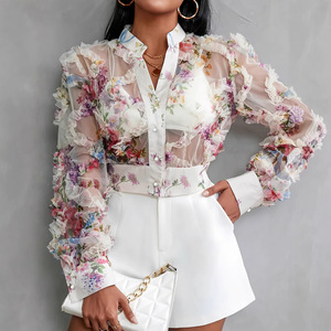 Camicetta <span class=keywords><strong>in</strong></span> Chiffon Floreale con <span class=keywords><strong>Pizzo</strong></span> Stile Francese Vintage Chic di Design, a Maniche Lunghe, per il Mercato Europeo e Americano - Product Image 4