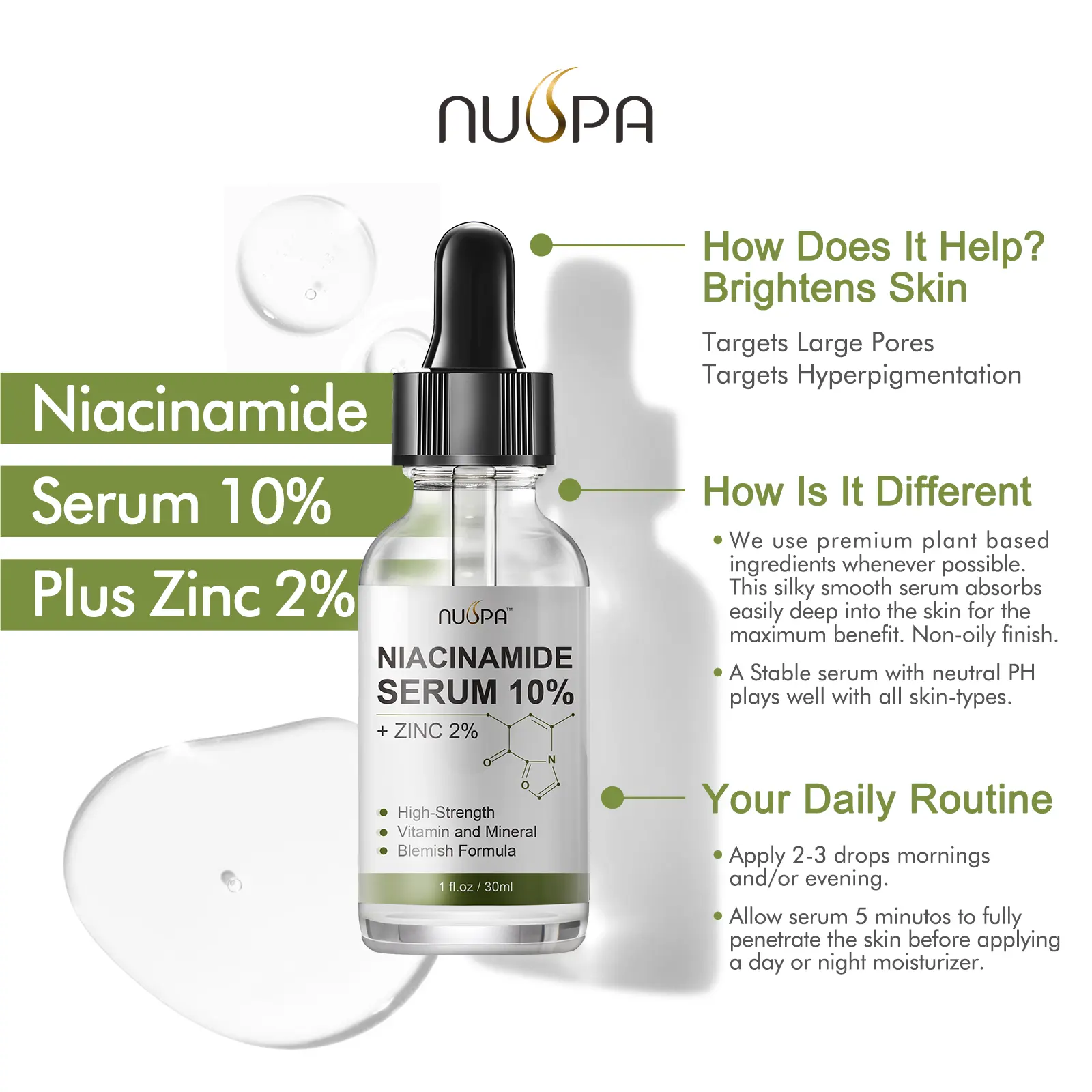 New NUSPA Alcohol Free Brighten Skin Retain Moisturize Niacinamide Vitamin B3 Serum Improve Skin Texture Purifies Pores