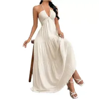 Robe longue maxi décontractée d'été pour femme, unie, sexy, dos nu, col halter, design ODM, disponible en blanc et grandes tailles