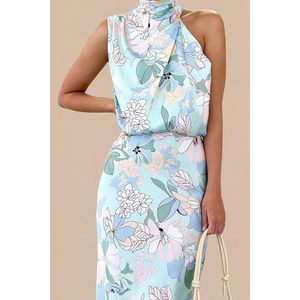 Robe longue d'été en satin à motif floral pour femme FOXA, col montant, sans manches, coupe fourreau, pour cocktail, respirante, taille naturelle - Product Image 3