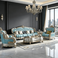 Ensemble de canapés modernes avec dossier capitonné, meubles de salon, canapé sculpté à la main en cuir bleu clair, argenté et doré, avec cadre incurvé