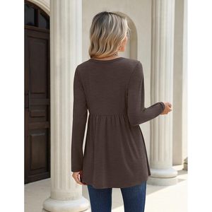Chemisier à manches longues et col en V pour femmes, coupe ample, haut plissé en tricot, style bohème, tenue de tous les jours - Product Image 5