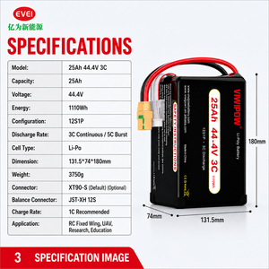 Pack de cellules LiPo 25Ah 44.4V 3C pour drone de transport de marchandises, haute capacité, longue autonomie de vol, prise personnalisable - Product Image 3
