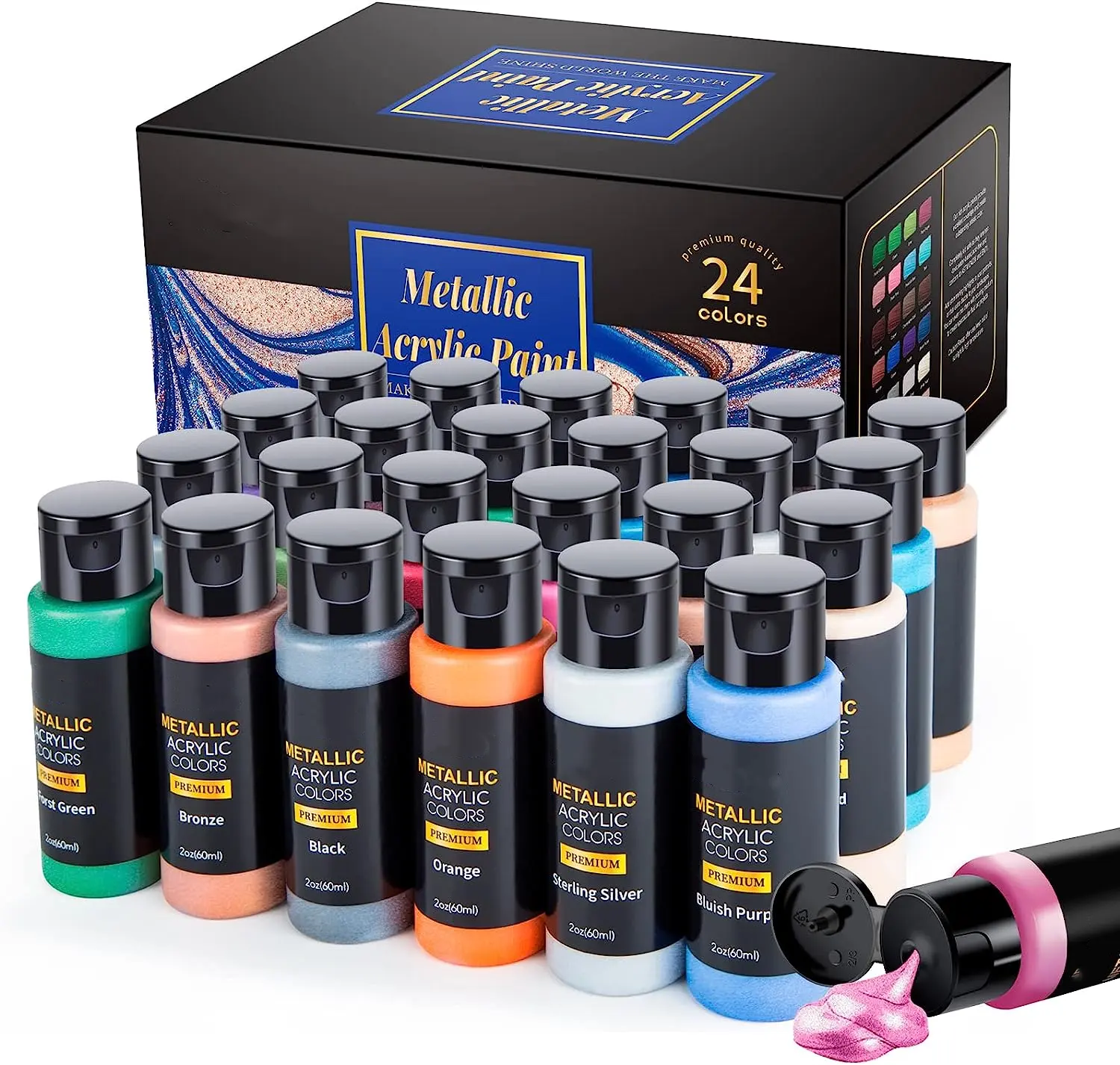 Metallic Acrylverf Set Van 24 Kleuren In 2Oz/60Ml Fles Rijke Pigmenten Niet Vervagen Niet-Giftige Verf Voor Kunstenaar Beginners Kinderen