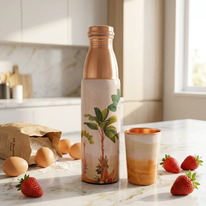 Bouteille d'eau en cuivre pur imprimée écologique 950 ml avec 1 gobelet 250 ml Ensemble de bouteille et de gobelet design pour la maison et le bureau - Product Image 1