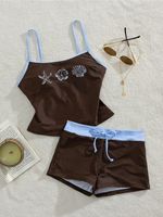 Maillot de bain deux pièces pour femmes, imprimé coquillage et étoile de mer, haut de maillot de bain avec cordon de serrage, short de bain