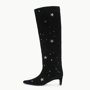 Bottes d'hiver à talons carrés épais en daim avec diamants et fleurs pour femmes, hauteur genou - Product Image 1