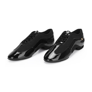 Nouvelle version – Chaussures de danse latine modernes à talon plat noir, double usage, pour hommes, en cuir verni souple, idéales pour l'entraînement des enseignants - Product Image 3