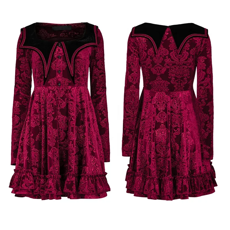 PUNK RAVE OPQ-1378DQF Red Luxury Gothic Dress Women Navy Collar Embossed Velvet Dresses Evening Gown Red Short Dress