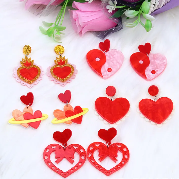 Pink Glitter Big Yin und Yang Herz baumeln Ohrringe Geschenk Frauen lieben Valentinstag Statement Drop Acryl Ohrringe