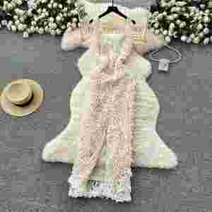 Vestido Midi Casual Tejido Romano Transpirable Antiestático Lavable Sostenible de Verano 2025 para Mujer, Estilo Imperio con Encaje 3D y Ajuste Ceñido - Product Image 4