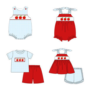 Maxine custom abbigliamento per bambini a quadretti di cotone per neonati smocked torna alla scuola abbigliamento da bambina con ricami di mele - Product Image 5
