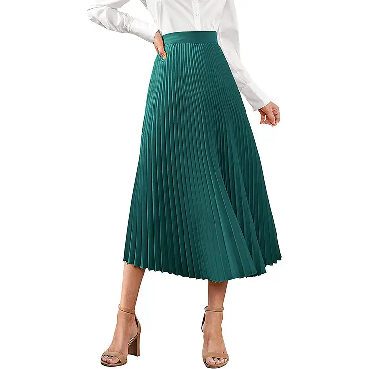 Solid Color Elegant Office Work Wear Satin Midi Skirt Casual High Waisted A Line Pleated Ruffle Flowy Maxi Skirts Dresses