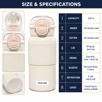 Gobelet isotherme sous vide en acier inoxydable 500 ml à double paroi avec couvercle à paille et double ouverture, mignon, pour femmes et étudiantes, sans BPA