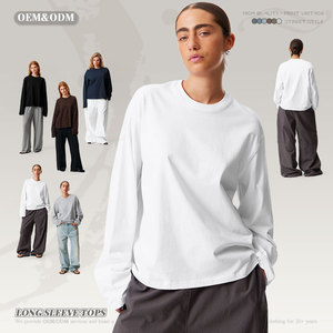 Oem Custom di alta qualità da <span class=keywords><strong>donna</strong></span> <span class=keywords><strong>bianca</strong></span> a maniche lunghe Top all'ingrosso Casual da <span class=keywords><strong>donna</strong></span> 100% in cotone a <span class=keywords><strong>manica</strong></span> <span class=keywords><strong>lunga</strong></span> t-shirt da <span class=keywords><strong>donna</strong></span> - Product Image 1