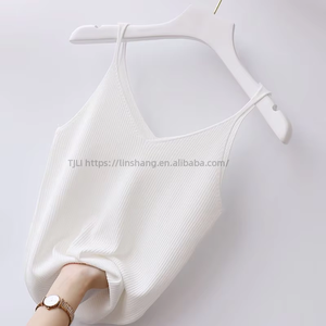 T-shirt de base pour femme en soie glacée, col en V, sexy, coupe courte, tricoté côtelé, tendance - Product Image 2
