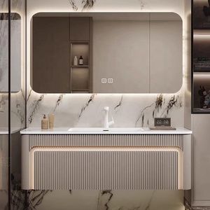 Mobile Bagno Moderno di Lusso Scanalato Personalizzato da Parete <span class=keywords><strong>con</strong></span> Lavabo Integrato in Ceramica e Armadietto a <span class=keywords><strong>Specchio</strong></span> LED - Product Image 3