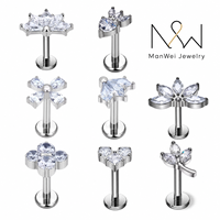 Anting-anting tusuk titanium G23 ASTM F136 dengan zircon marquise, bagian belakang datar, untuk tindik telinga, hidung, helix, dan tulang rawan.