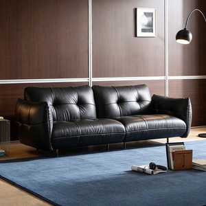 Sofá minimalista vintage negro de cuero genuino de tres plazas, sofá de lujo para sala de estar horizontal francesa - Product Image 2