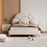 Lit enfant nuage blanc crème, cadre en bois massif, tête de lit en cuir diamanté, mousse haute densité, lit pour filles avec pieds dorés