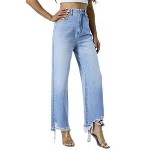 Jeans Casuales de Cintura Baja para Mujer, Estilo Desgastado, Pierna Ancha, Lavado Claro, Logotipo Bordado, Transpirables - Product Image 5