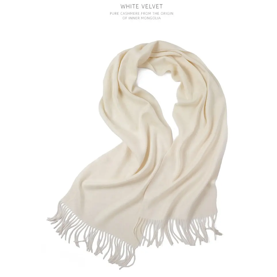 High Quality White Fringed Cashmere Long Scarf Plain Scarf For Women