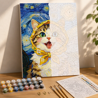 Kit de peinture par numéros Chat mignon style Nuit étoilée encadré Peinture acrylique DIY pour adultes débutants Art mural 40x50cm