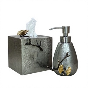 Ensemble boîte à mouchoirs et distributeur de savon en métal, design oriental, décoration faite à la main en forme de branche de Ginkgo, finition argentée, boîte à serviettes pour la décoration de la salle de bain - Product Image 1