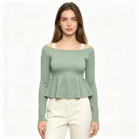 Pull décontracté de haute qualité pour femme, couleur bleue, épaules dénudées, à manches longues et pointelle, personnalisable OEM & ODM, vente en gros
