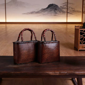 Handmade Bamboo Woven Tote Bag Solid Color Portable Women's Beach Bag Tea Set Storage Craft - Product Image 1
