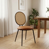 Chaise de salle à manger personnalisable, style nordique rustique, avec cadre noir, dossier en rotin et revêtement en similicuir, coussin marron, dossier ovale, pour parc, salle de sport, café