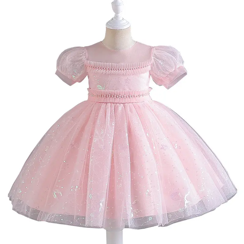 Kinder einfaches Design Blume Mädchen Ballkleid Kinder Hochzeit Party-Kleid Luftpolsterärmel