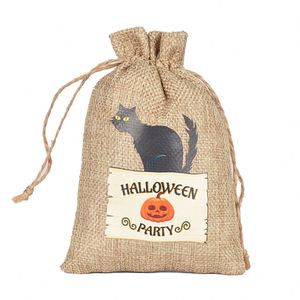 Wholesale Customizable Halloween Pumpkin <b>Lights</b> Gift Jute Bag with <b>Rope</b> Handle for Party Candy Storage - Product Image 1