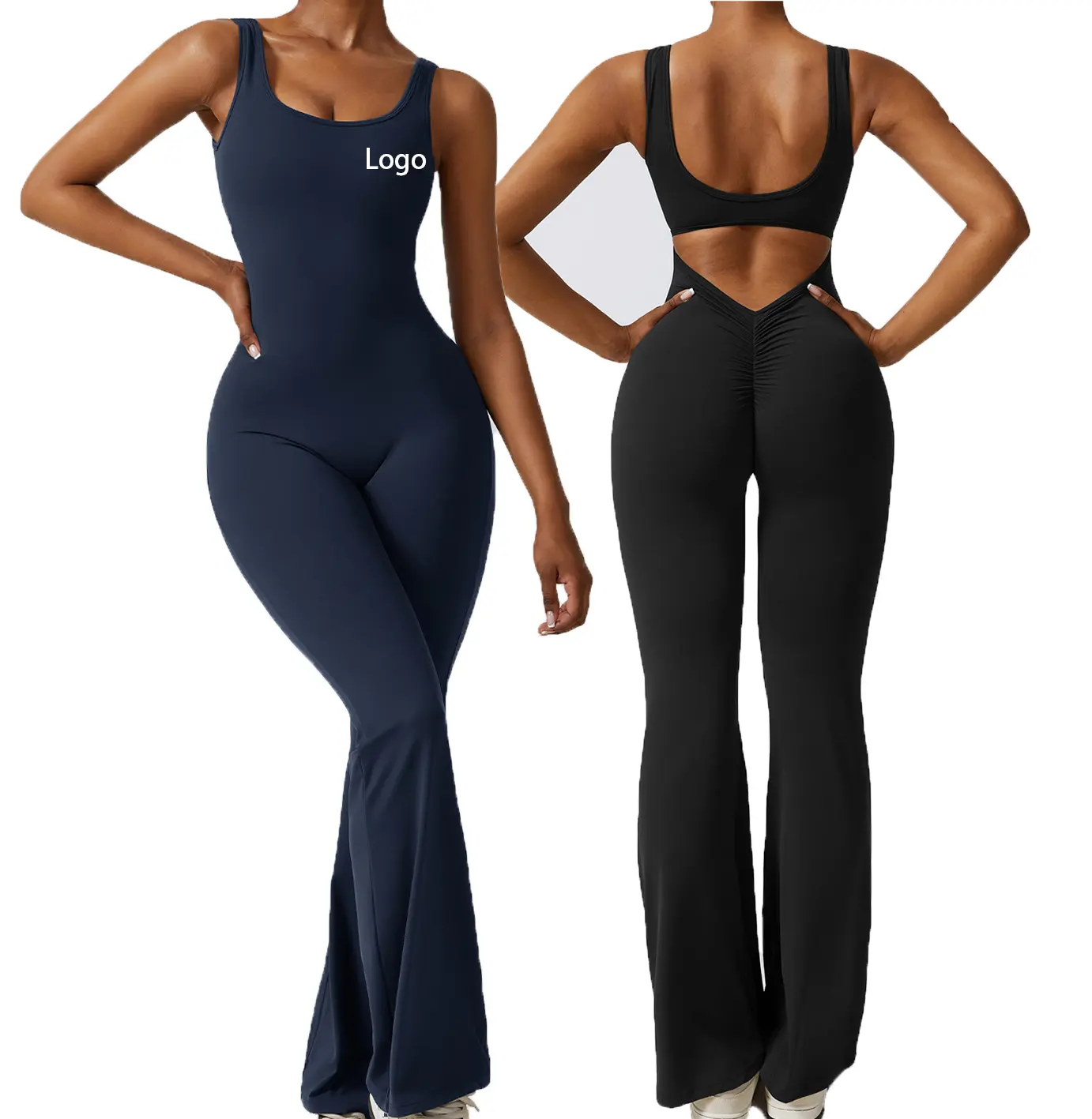 Combinaisons évasées pour femmes avec logo de couleur unie évidée au dos croisé aux fesses pour filles combinaisons de Yoga Slim Gym Fitness