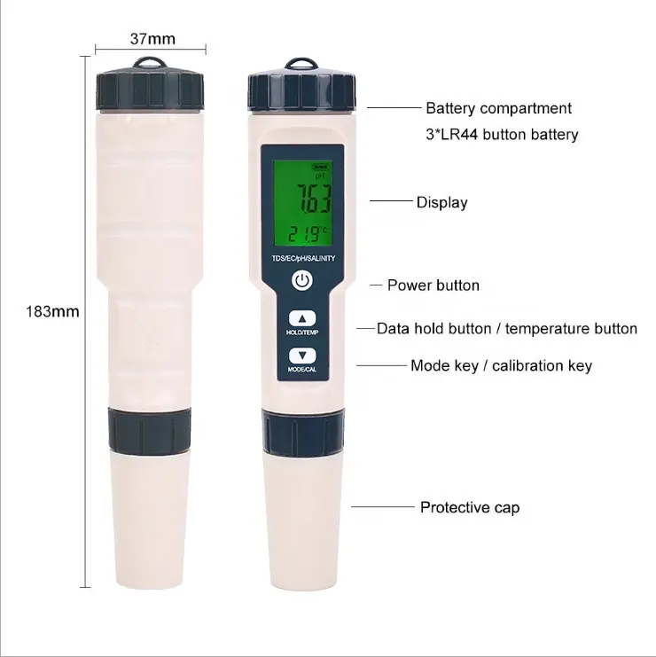 جهاز اختبار المياة 5 في 1, جهاز اختبار المياة 5 في 1 ، متعدد الباراميترات ، اختبار قلم pH ، الملوحة ec tds ، مقياس درجة الحرارة ، تحليل جودة المياه