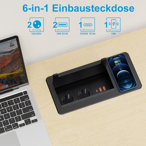 Enchufe <span class=keywords><strong>de</strong></span> Corriente para Escritorio <span class=keywords><strong>de</strong></span> Aluminio con Extensión Oculta en el Tablero, con Tapa Abatible y Enchufe <span class=keywords><strong>de</strong></span> Carga Inalámbrica Integrado - Product Image 1