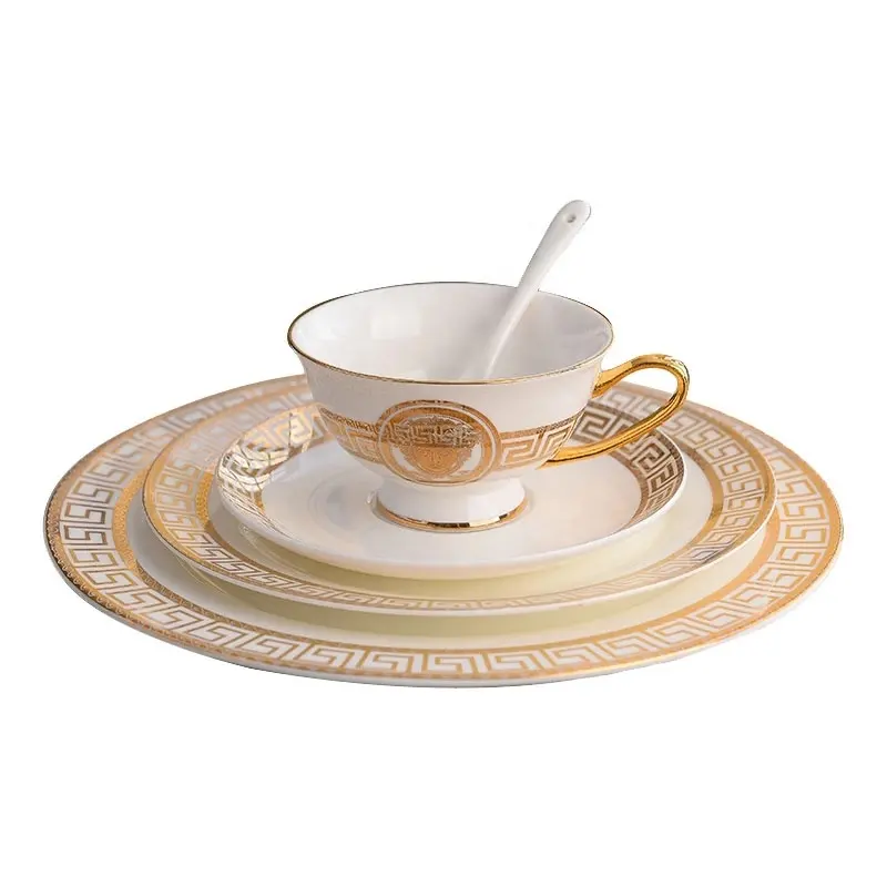 Juego de tazas y platillos dorados, platos de cena de Porcelana Royal Deluxe, 4 piezas, gran oferta