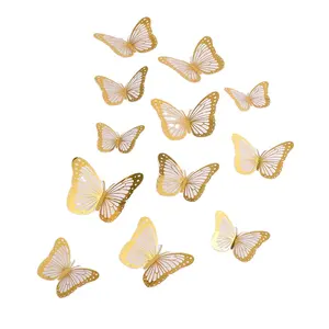 Aliexpress hot selling 12 pieces set 3D creative mirror colorful hollow butterfly decal sticker gold silver rose black blue