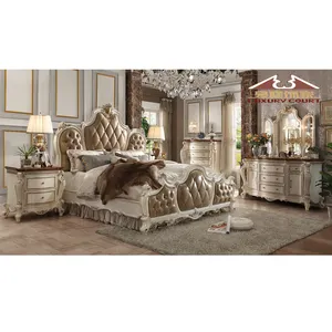 Longhao Furniture Europe Italian Luxury Classic King Size High Headboard Carved Gold Cream White Wood Bed