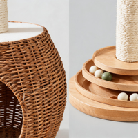 Arbre à chat pliant de luxe classique en bois d'hévéa de 80 cm, avec double perchoir moderne en osier, condo en rotin, jouet rotatif et griffoir en sisal