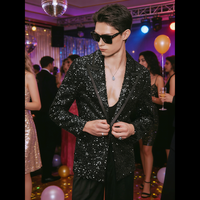 Costume homme à sequins noirs, simple boutonnage, 100% polyester, veste de blazer scintillante à sequins, un bouton, smoking pour soirée et dîner
