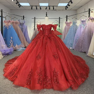 Vestido de Quinceañera Clásico Rojo 20253 con Hombros Descubiertos y Lazo - Product Image 1