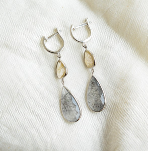 Pendientes colgantes de cuarzo rutilado dorado y negro de doble aura con plata 925, estilo moderno, en oferta - Product Image 1